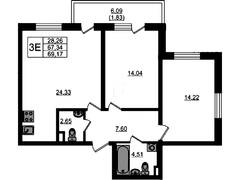 2-комнатная квартира 69.17 м², 1/4 эт., ЖК «Новая история»